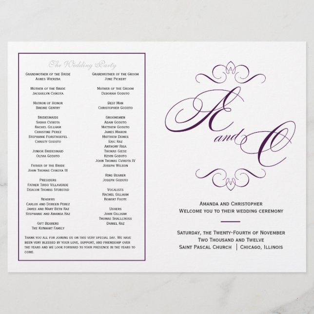 Programa Elegante de Boda de Guión - Púrpura de be (Anverso)