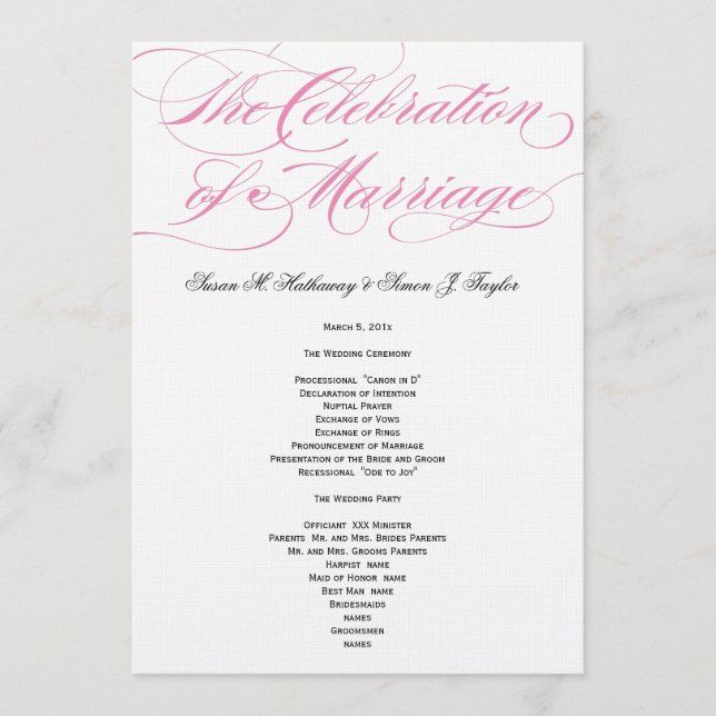 Programa Elegante de Boda de Guión - Rosa (Anverso)