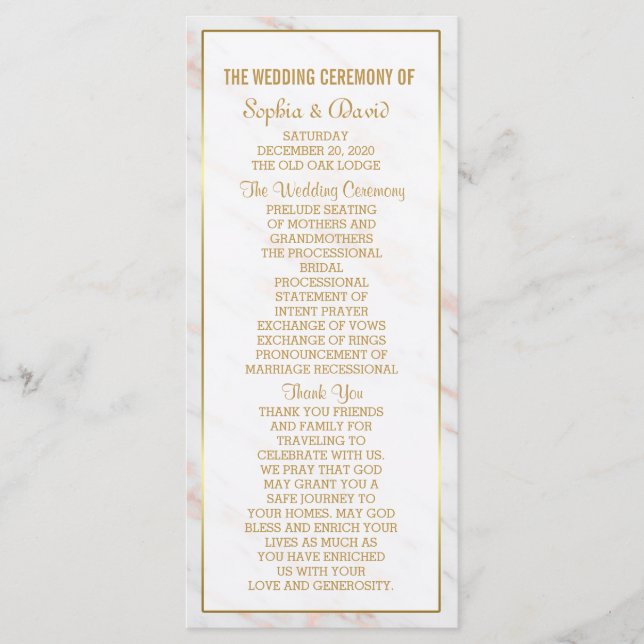 Programa Elegante de Boda de Mármol de Oro Rosa de (Anverso)