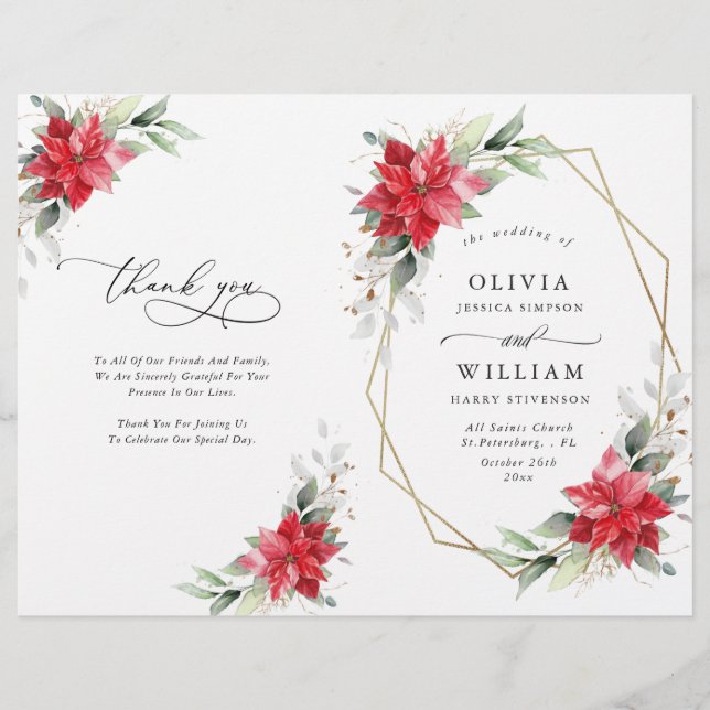Programa Elegante de Boda de Poinsettia Watercolor (Anverso)