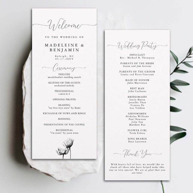 Programa Elegante de Boda de Poppies Salvajes de B (wedding ceremony program black white floral winter fall summer wild mountain poppies elegant formal )
