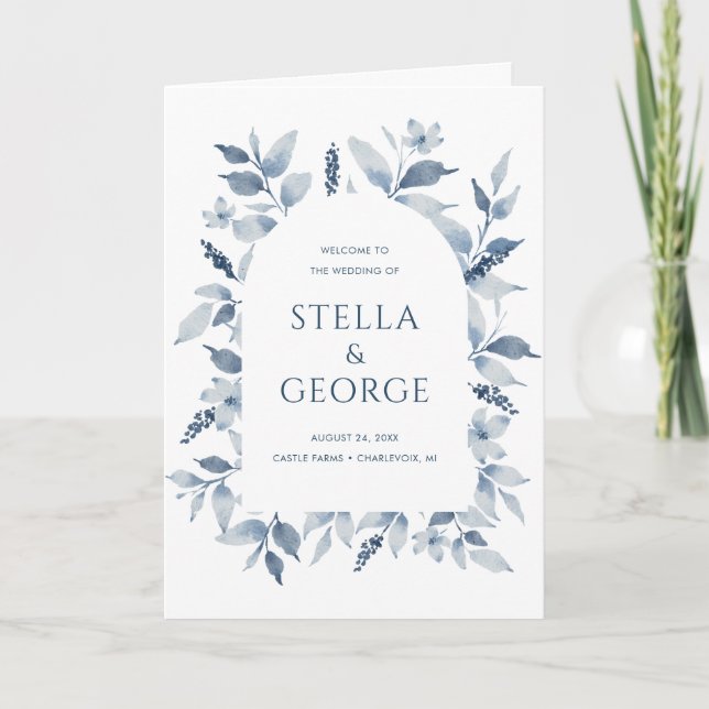 Programa Elegante de Boda Floral Azul Dusty (Anverso)