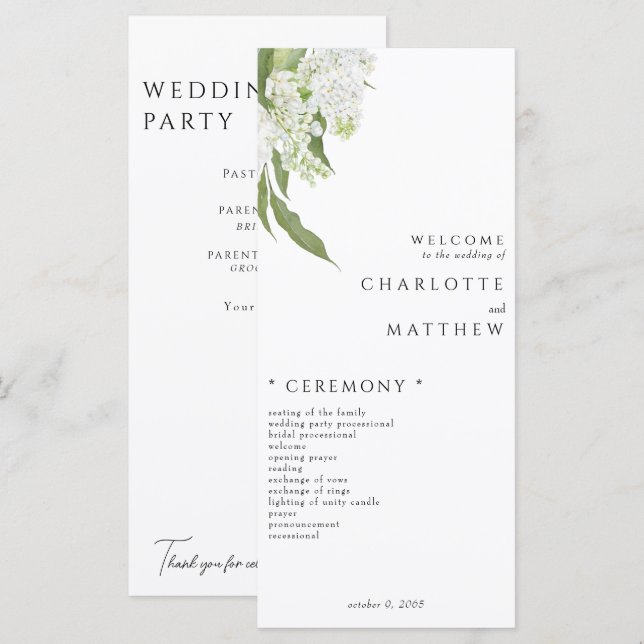 Programa Elegante de Boda Floral Blanca (Anverso / Reverso)