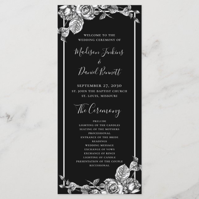 Programa Elegante de Boda Floral Blanca Negra (Anverso)