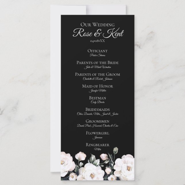 Programa Elegante de Boda Floral Blanca Negra (Anverso)