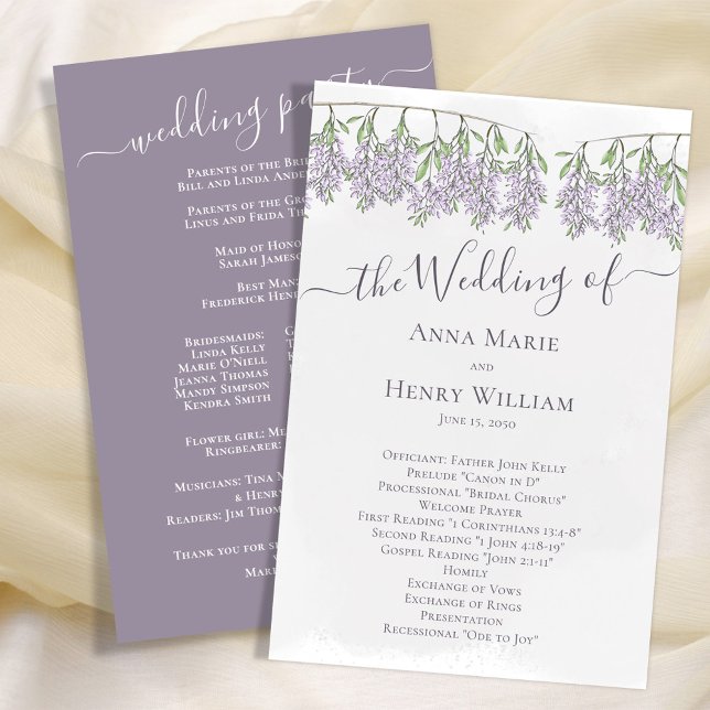 Programa Elegante de Boda Floral Lilac (The simple calligraphy script program with lavender wisteria.)