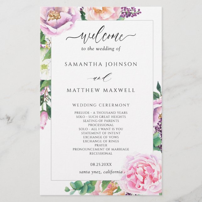Programa Elegante de Boda Floral Púrpura Rosa (Anverso)