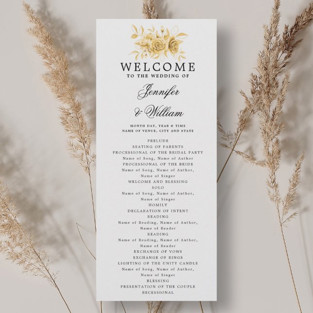 Programa Elegante de Boda Guión Floral Oro (Elegant Wedding Program Gold Floral Script )