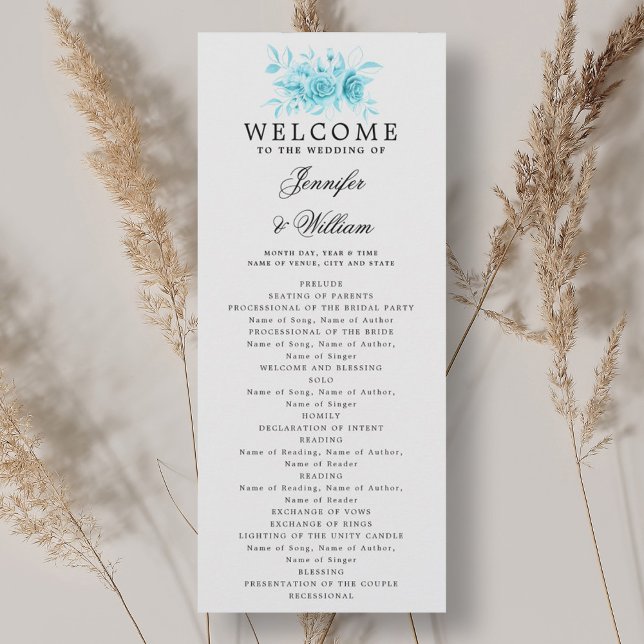 Programa Elegante de Boda Guión Floral Turquesa (Elegant Wedding Program Turquoise Floral Script )
