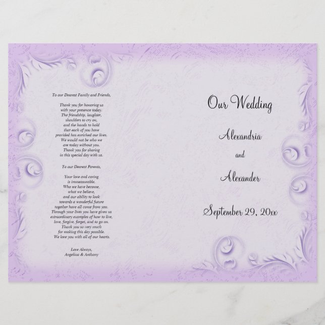 Programa Elegante de Boda Lilac Scrollwork (Anverso)