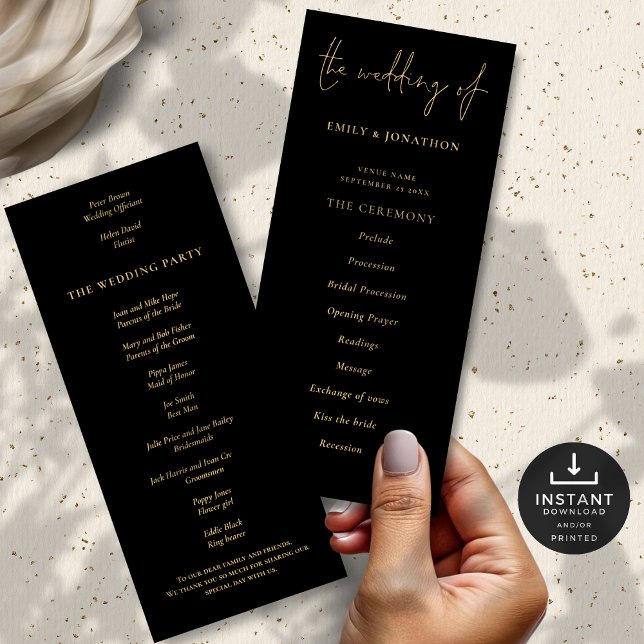 Programa Elegante de Boda Negra de Oro (Front and back view)