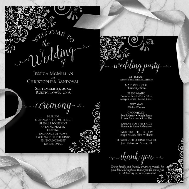 Programa Elegante de Boda Presupuestaria Negra de  (Front and Back)
