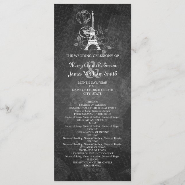 Programa Elegante de Boda Romántica París Negro (Anverso)