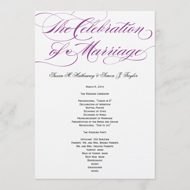 Programa Elegante de Boda Script - Púrpura (Anverso)