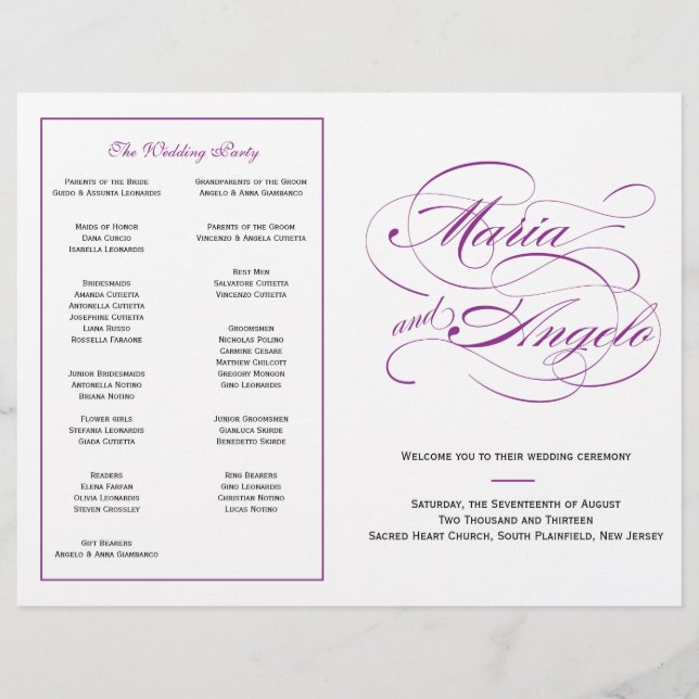 Programa Elegante de Boda Script - Púrpura (Anverso)
