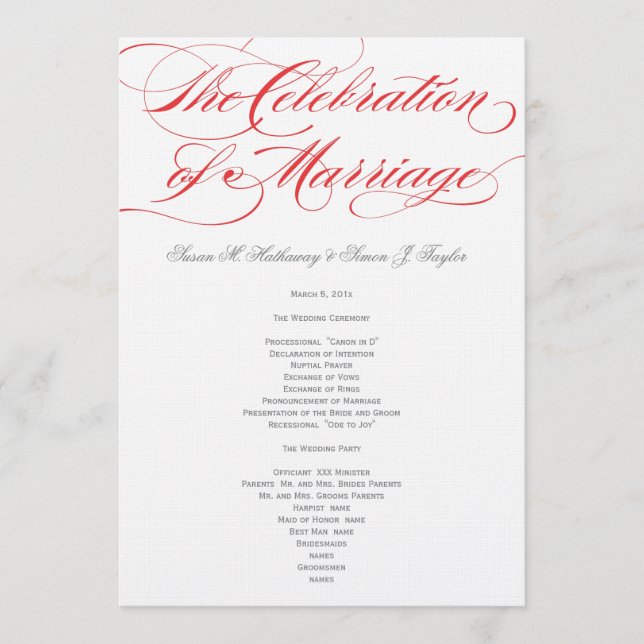 Programa Elegante de Boda Script - Rojo (Anverso)