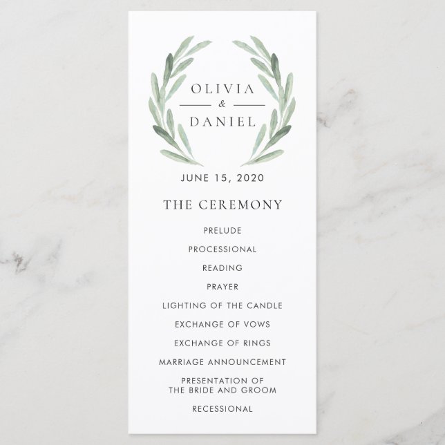 Programa Elegante de Boda Verde de Hojas de Oliva (Anverso)