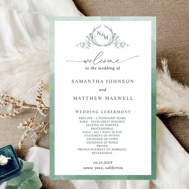 Programa Elegante de Boda Verde Monograma (Subido por el creador)