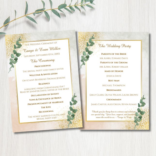 Programa Elegante de Boda Verde y Oro (Elegant Green & Gold Wedding Program)