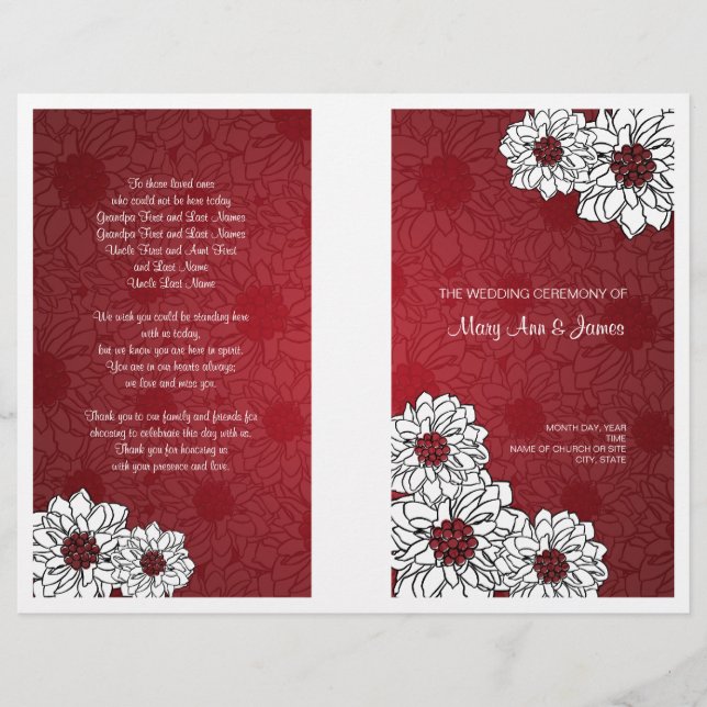 Programa Elegante de Bodas Dahlia Rojo Floral (Anverso)