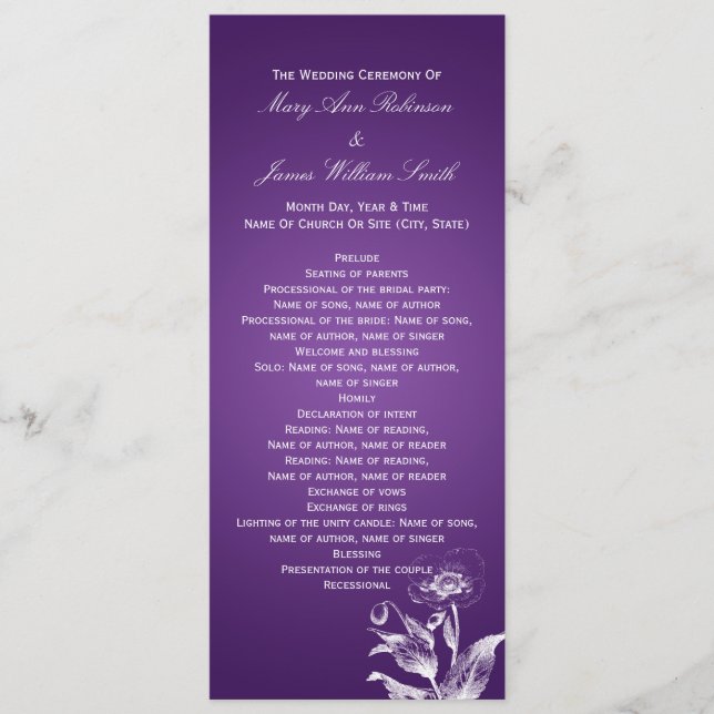 Programa Elegante de Bodas Poppy Purple (Anverso)