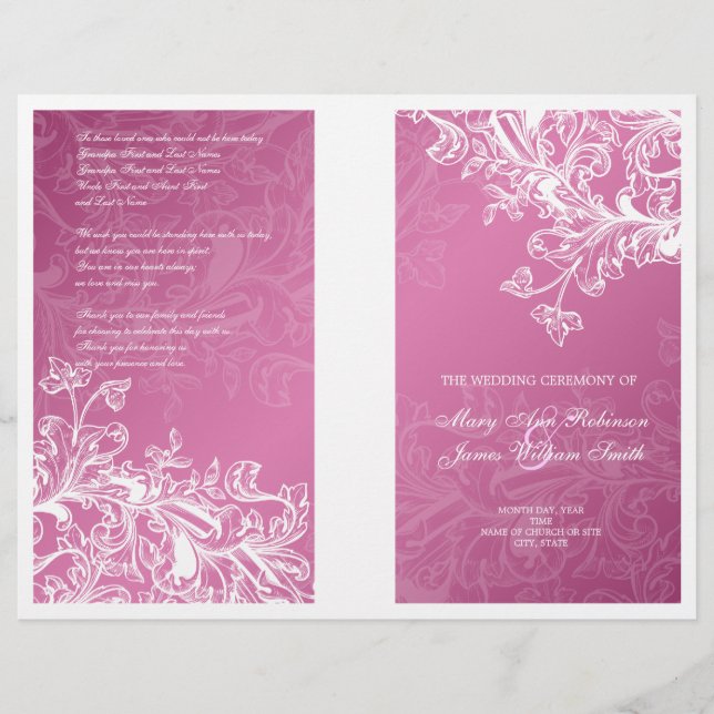 Programa Elegante de Bodas Vintage Swirls Pink (Anverso)