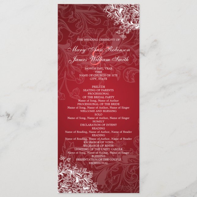 Programa Elegante de Bodas Vintage Swirls Red (Anverso)