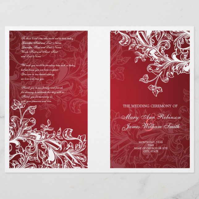 Programa Elegante de Bodas Vintage Swirls Red (Anverso)