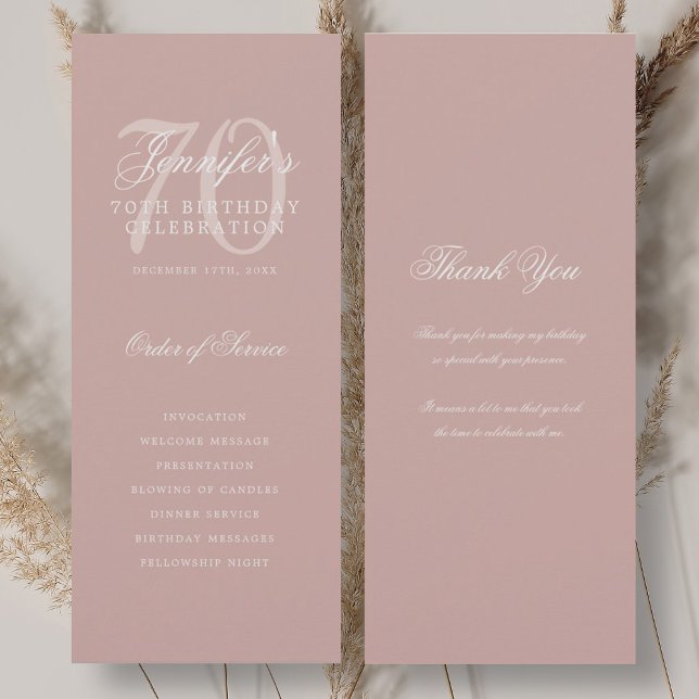 Programa elegante de cumpleaños número 70 Dusty Ro (Elegant 70th Birthday Program Dusty Rose Thank You)
