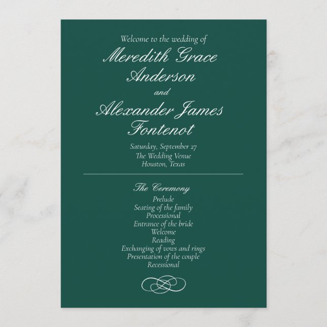 Programa Elegante de la Boda Verde Esmeralda (Anverso)