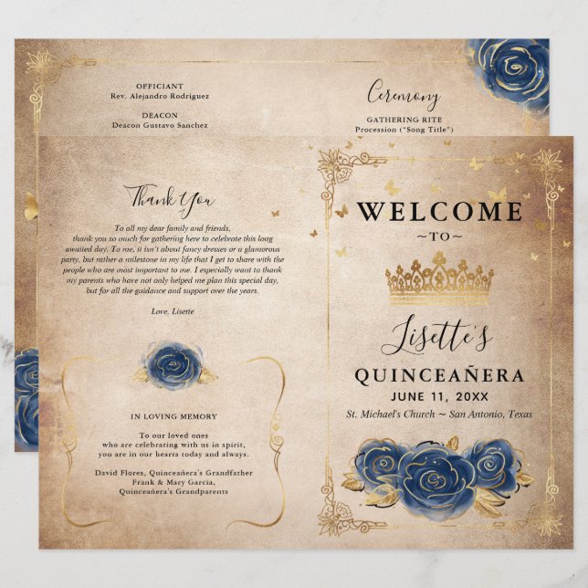 Programa Elegante de Quinceañera Azul de Oro y Mar (Anverso / Reverso)