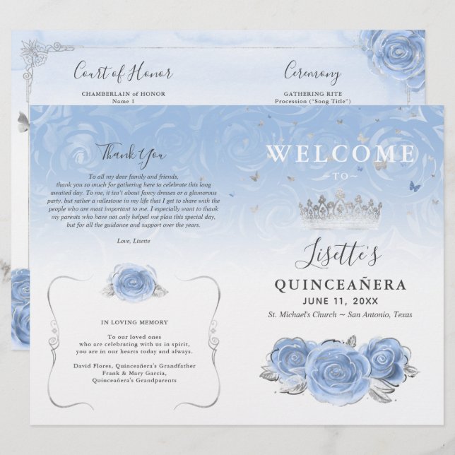 Programa Elegante de Quinceañera Bebé Azul y Plata (Anverso / Reverso)