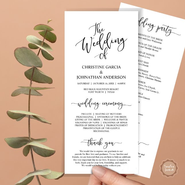 Programa Elegante escritura negra, ceremonia Boda (Wedding Program Ceremony Card, Modern Romantic Script, Black and White)