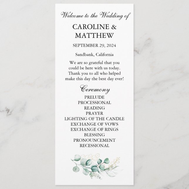 Programa Elegante Eucalyptus Greenery Sage Boda (Anverso)