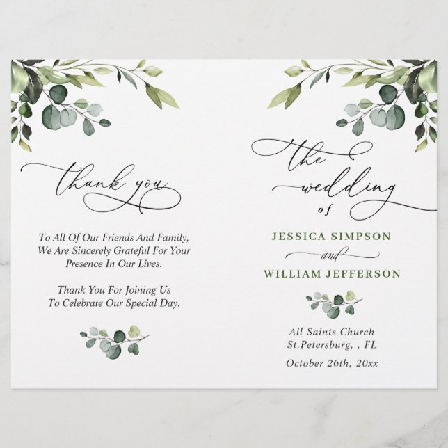 Programa Elegante Eucalyptus Watercolor Boho Weddi (Anverso)