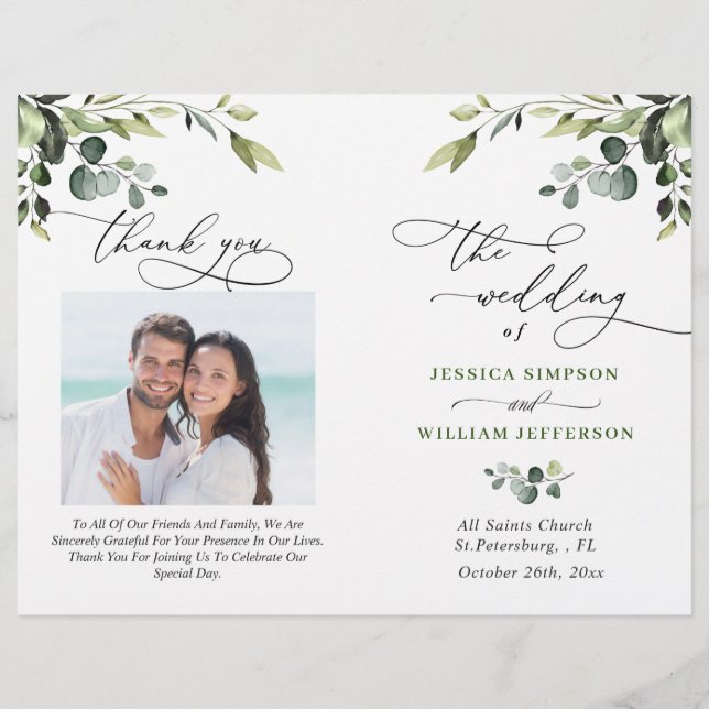 Programa Elegante Eucalyptus Watercolor Boho Weddi (Anverso)
