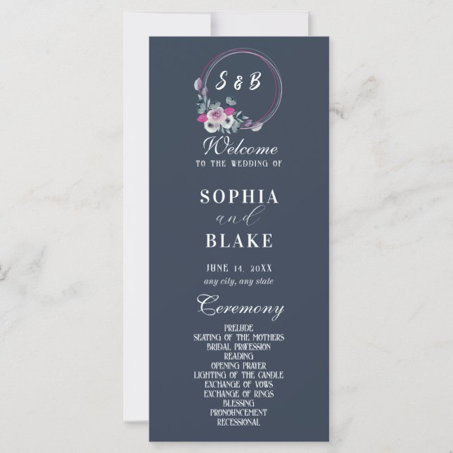 Programa Elegante Floral Monogramado de Boda Azul (Anverso)