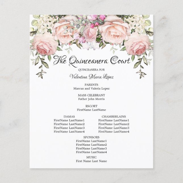 Programa Elegante Floral Rosa Quinceanera (Anverso)