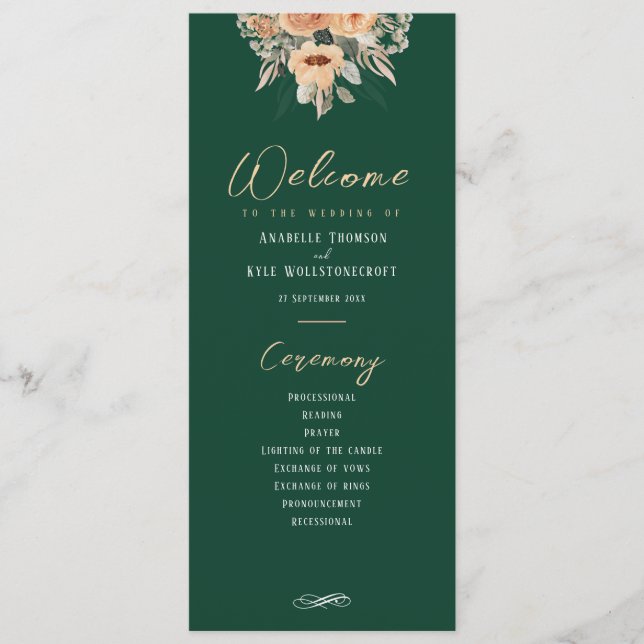 Programa - Elegante floral verde oscuro, Boda (Anverso)