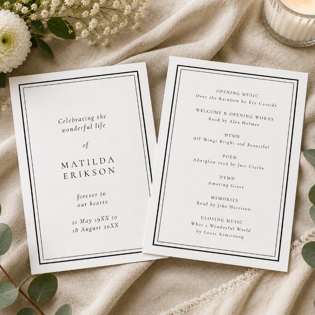 Programa Elegante Funeral | Orden de Servicio Clásico (Personalized funeral program with classic border for memorial order of service details.)
