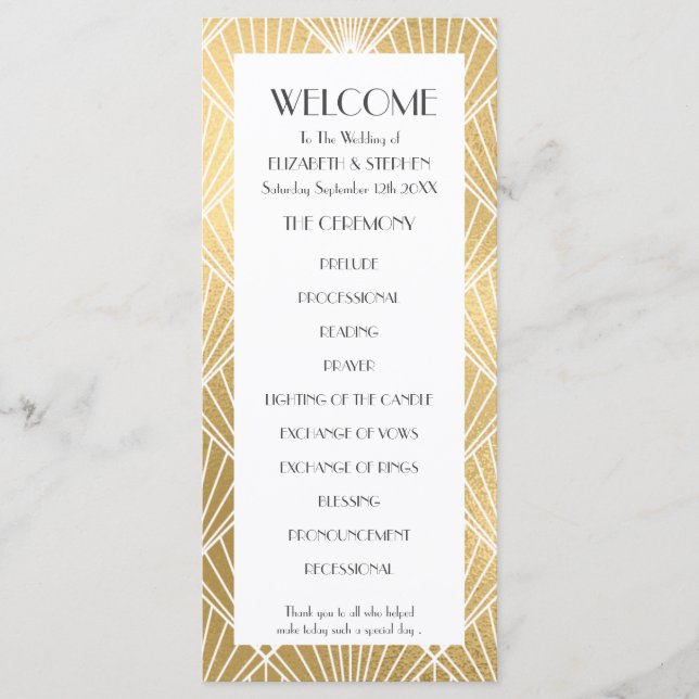 Programa Elegante Gatsby Deco White & Gold Wedding Program (Anverso)