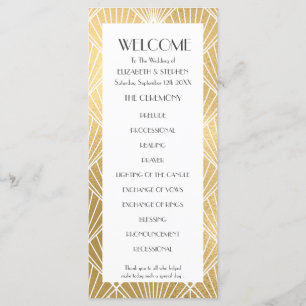 Programa Elegante Gatsby Deco White & Gold Wedding Program