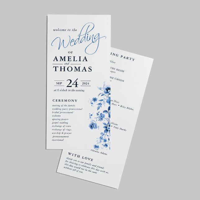 Programa Elegante guión azul francés floral toile boda (Subido por el creador)