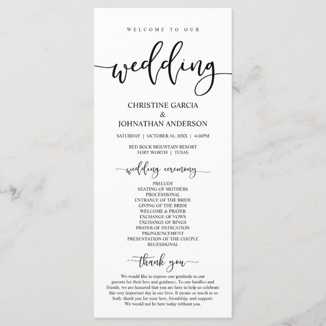 Programa Elegante guión negro, nuestra ceremonia Boda (Anverso)