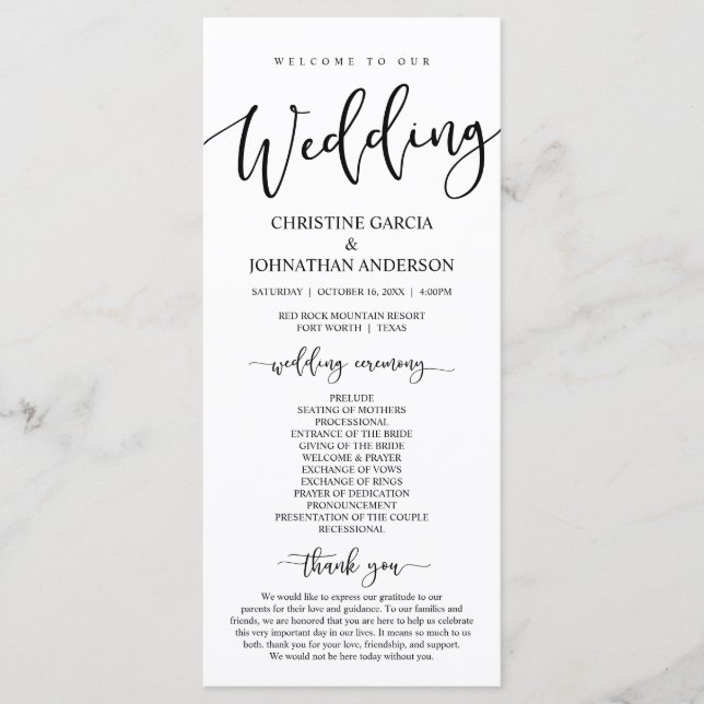 Programa Elegante guión negro, nuestra ceremonia Boda (Anverso)