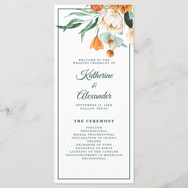 Programa Elegante guión verde acuarela Boda floral (Anverso)