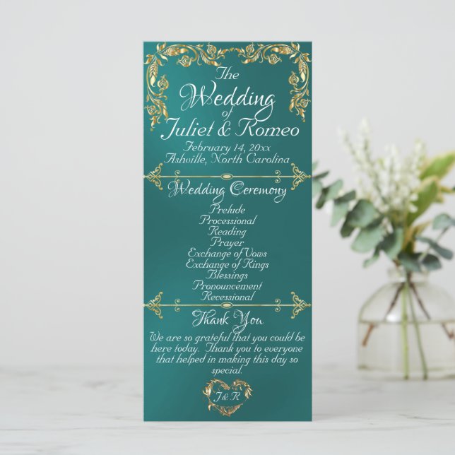 Programa Elegante guión y hojas de oro - Boda Verde azulado (Anverso de pie)