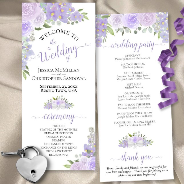 Programa Elegante Lavanda Boho Watercolor Floral Boda (Front/Back)