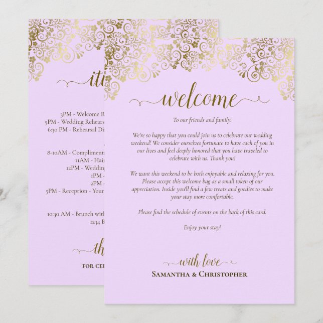 Programa Elegante Lilac y Boda de Oro Bienvenida e Itinerar (Anverso / Reverso)