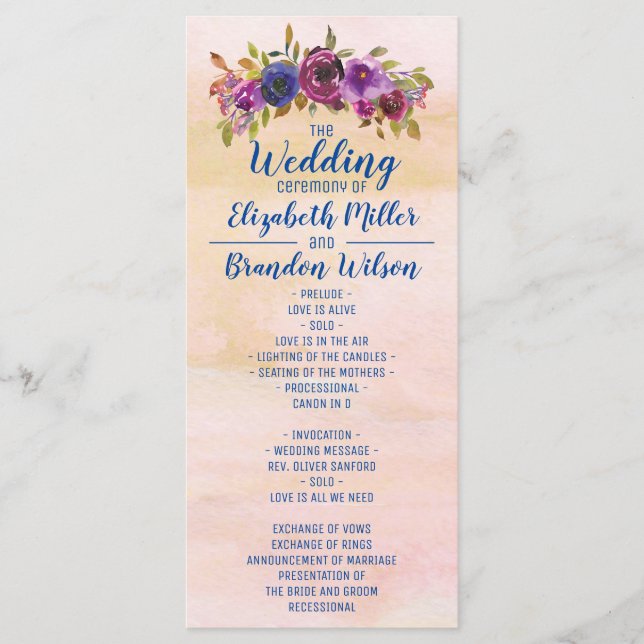Programa Elegante mármol acuarela floral boda de oro (Anverso)